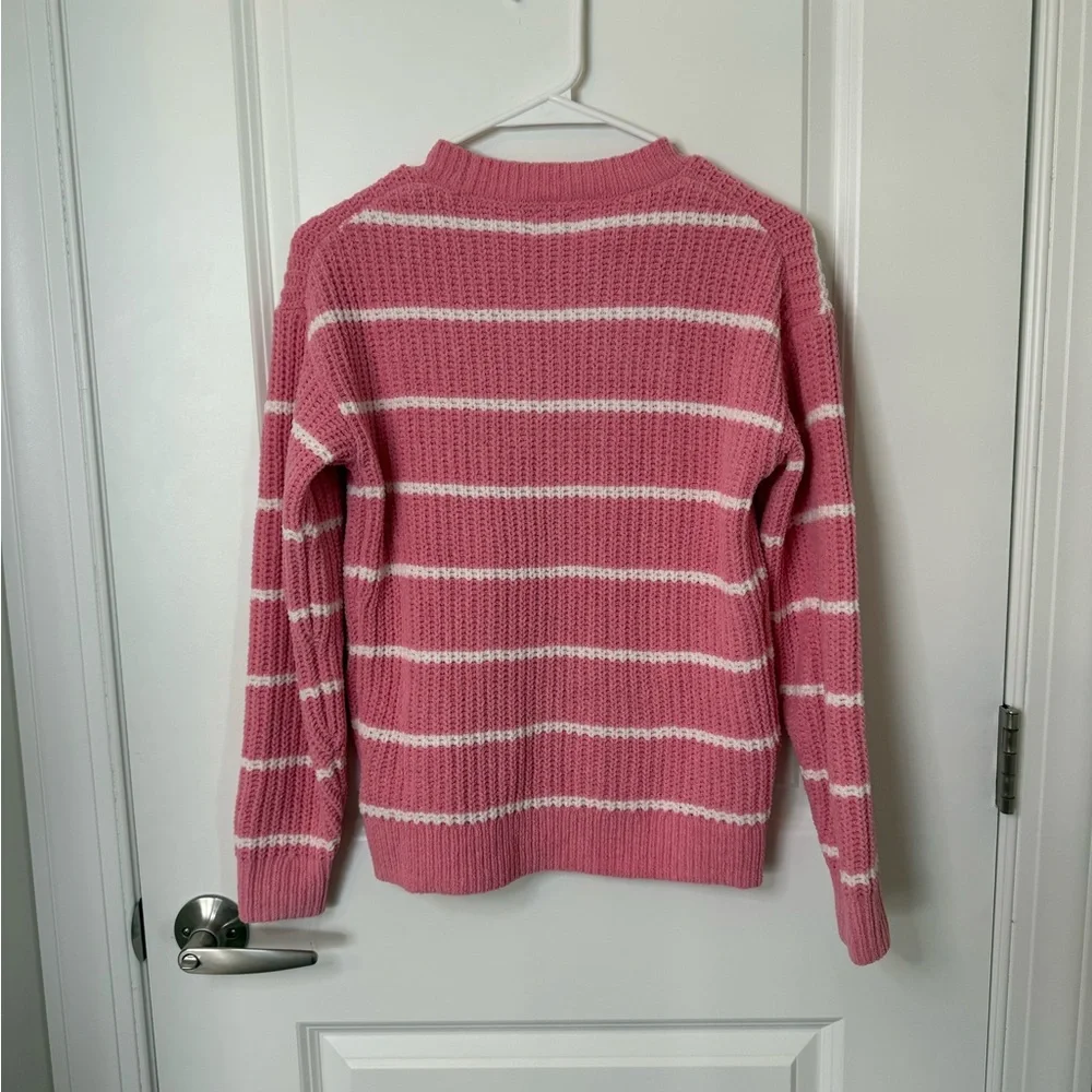 J. Crew Pink and White Striped Crew Neck Sweater